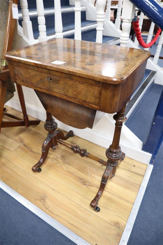A Victorian burr walnut work table, width 51cm, depth 37cm, height 74cm
